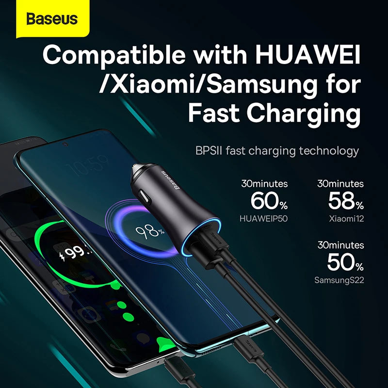 Baseus 60W USB Type C Car Charger Quick Charge QC 4.0 PD 3.0 Fast Charging Car Charger For iPhone 13 12 Pro Max Xiaomi Samsung