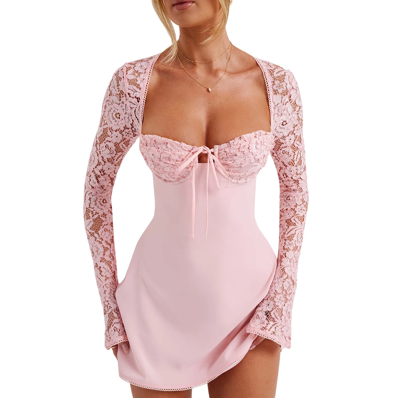 Y2k Women Tie-up Corset Dress Lace Patchwork Long Sleeve Mini Dress Sexy Low Cut Backless A-line Dresses for Cocktail Party