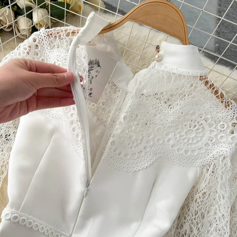 Vintage Flower Embroidery Hollow Out Lace White Dress Women's Stand Collar Long Lantern Sleeve Pearls Buttons Party Vestidos