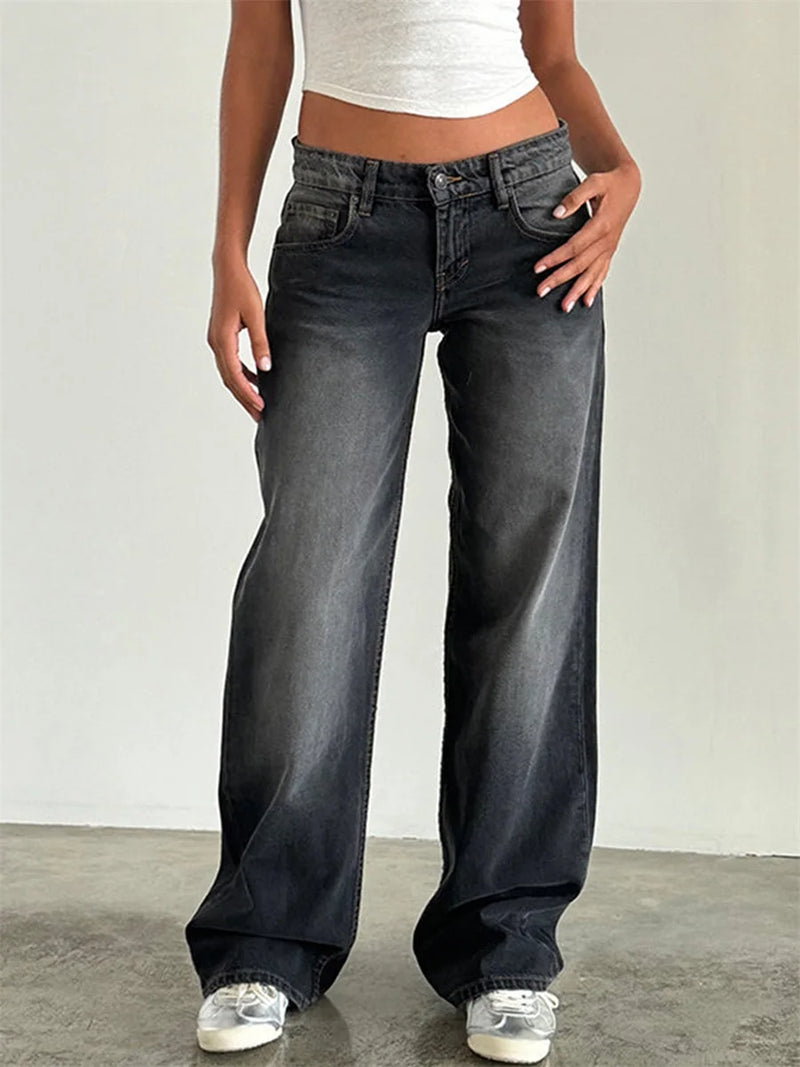 Women Casual Low Rise Jeans Fashion Loose Straight Leg Denim Pants with Pockets for Summer Spring