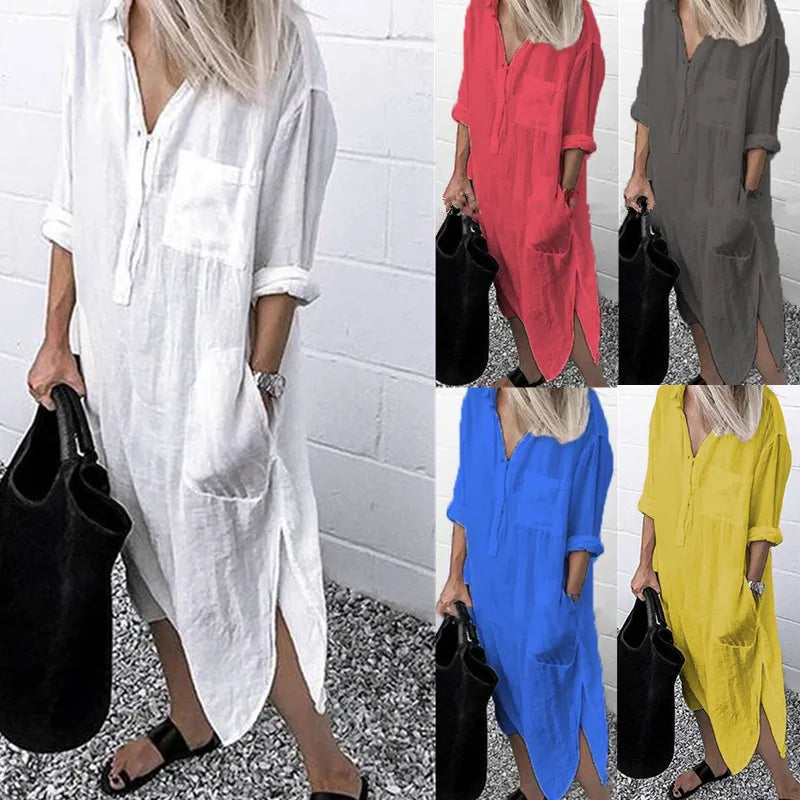 Cotton Linen Maxi Dress for Women 2023 Spring Summer Casual Long Sleeve Shirt Dress Oversized Female Clothing Y2K Vestido Robe