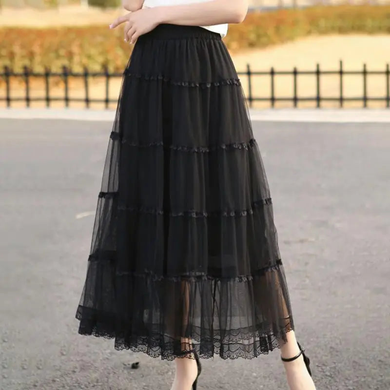 Korean Fluffy Long Tutu Skirt Women Ladies Vintage Elastic High Waisted Tulle Ball Gown Skirts
