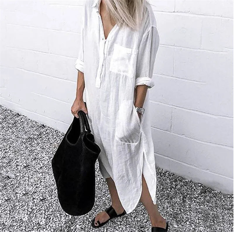 Cotton Linen Maxi Dress for Women 2023 Spring Summer Casual Long Sleeve Shirt Dress Oversized Female Clothing Y2K Vestido Robe