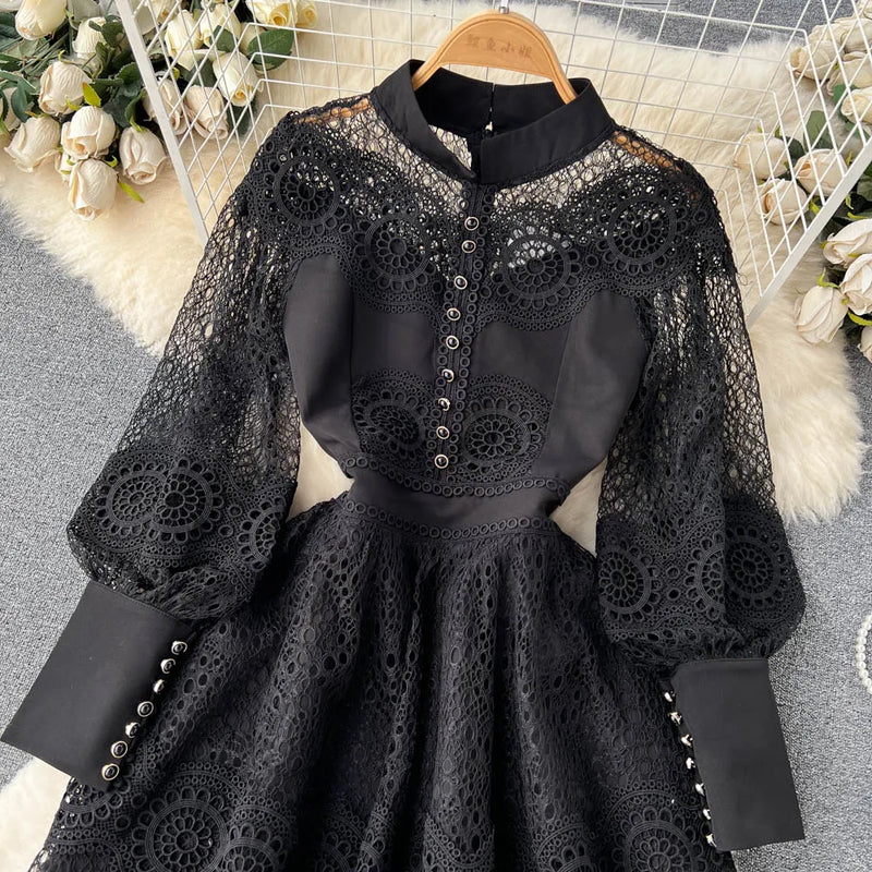 Vintage Flower Embroidery Hollow Out Lace White Dress Women's Stand Collar Long Lantern Sleeve Pearls Buttons Party Vestidos