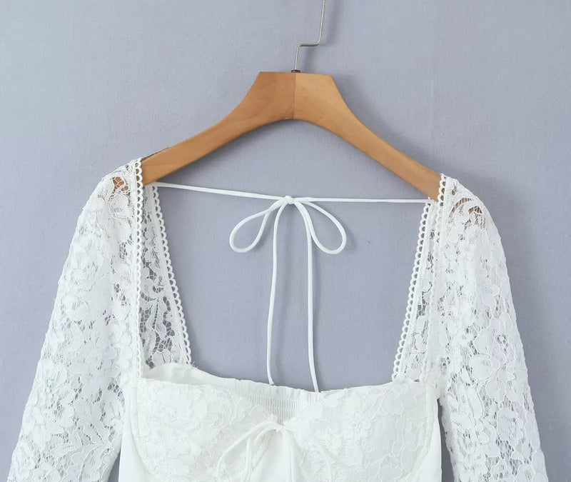 Sexy White Spliced Lace Wire Chest Corset Style Mini Dress Women Full Sleeve Cross Bandage Lacing up Back Bow Party Skater Robe