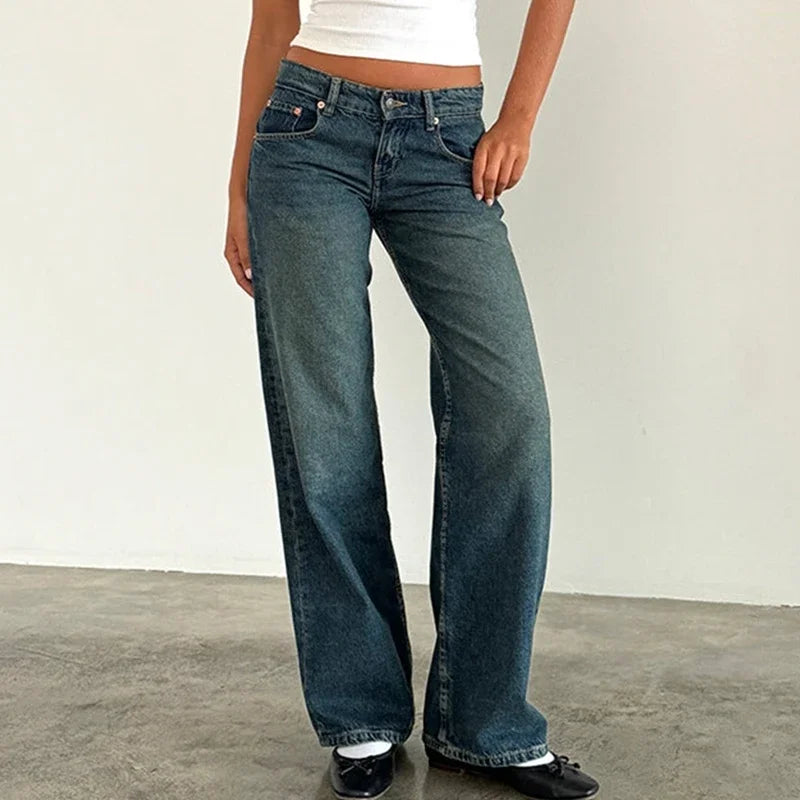 Women Y2K Wide Leg Denim Pants Baggy Low Waist Boyfriend Jeans Casual Vintage Loose Fit Jeans Trousers Cyber Grunge Streetwear