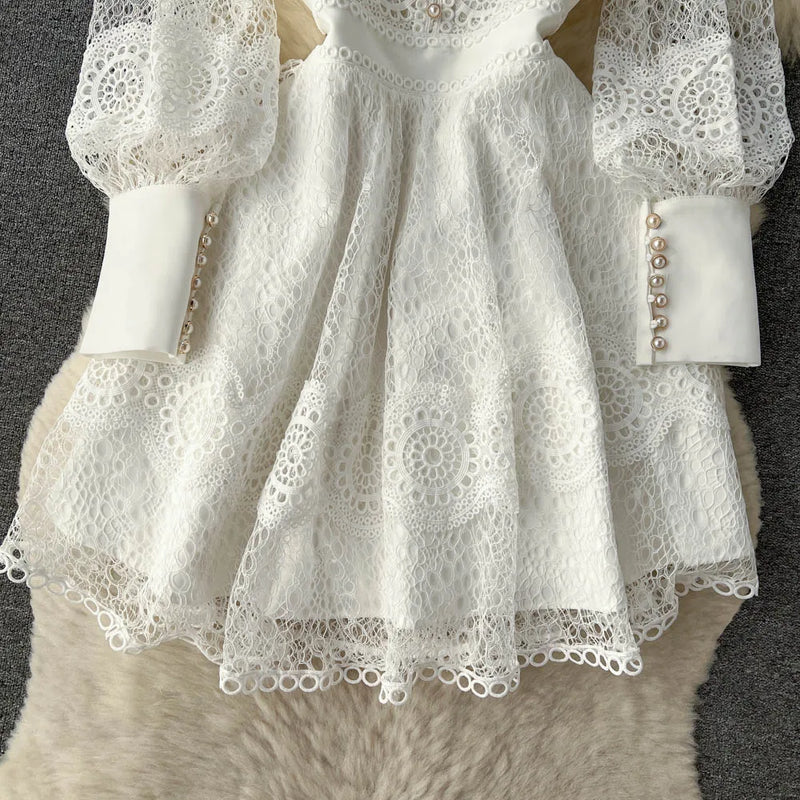 Vintage Flower Embroidery Hollow Out Lace White Dress Women's Stand Collar Long Lantern Sleeve Pearls Buttons Party Vestidos
