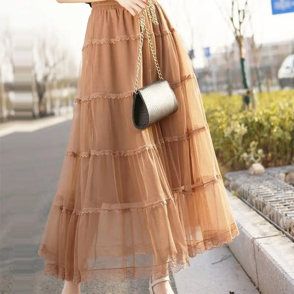 Korean Fluffy Long Tutu Skirt Women Ladies Vintage Elastic High Waisted Tulle Ball Gown Skirts