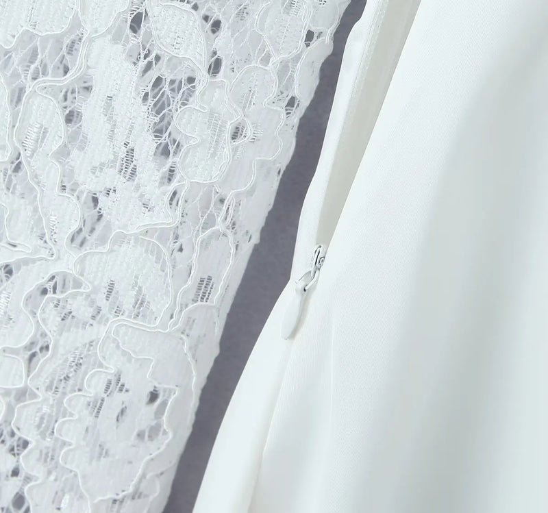 Sexy White Spliced Lace Wire Chest Corset Style Mini Dress Women Full Sleeve Cross Bandage Lacing up Back Bow Party Skater Robe