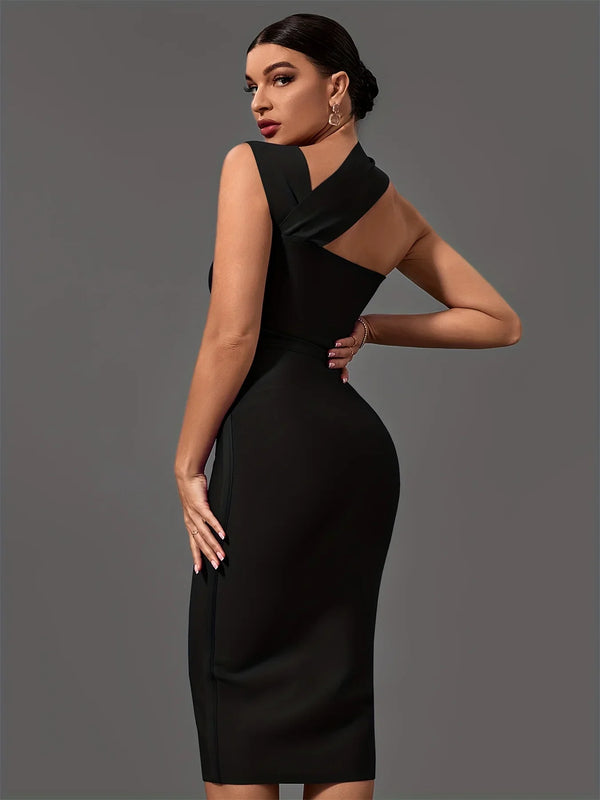 Black Bandage Dress  Women Midi Party Dress Bodycon Elegant  Halter Neck Sexy Cut Out Birthday Evening  Club Outfits Summer