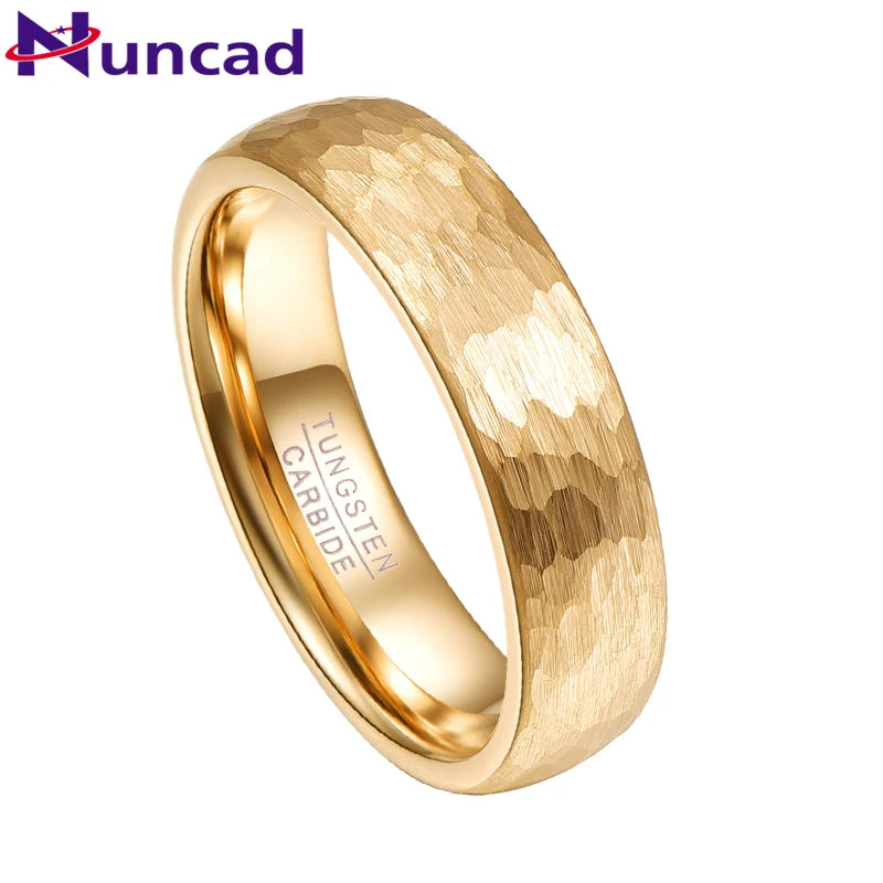 NUNCAD 6mm 4mm 18k Gold Plated Hammered Tungsten Carbide Ring Domed Comfort Fit Engagement Ring Size 5-12 T070R T071R