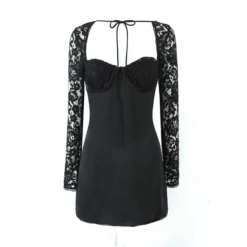 Sexy White Spliced Lace Wire Chest Corset Style Mini Dress Women Full Sleeve Cross Bandage Lacing up Back Bow Party Skater Robe