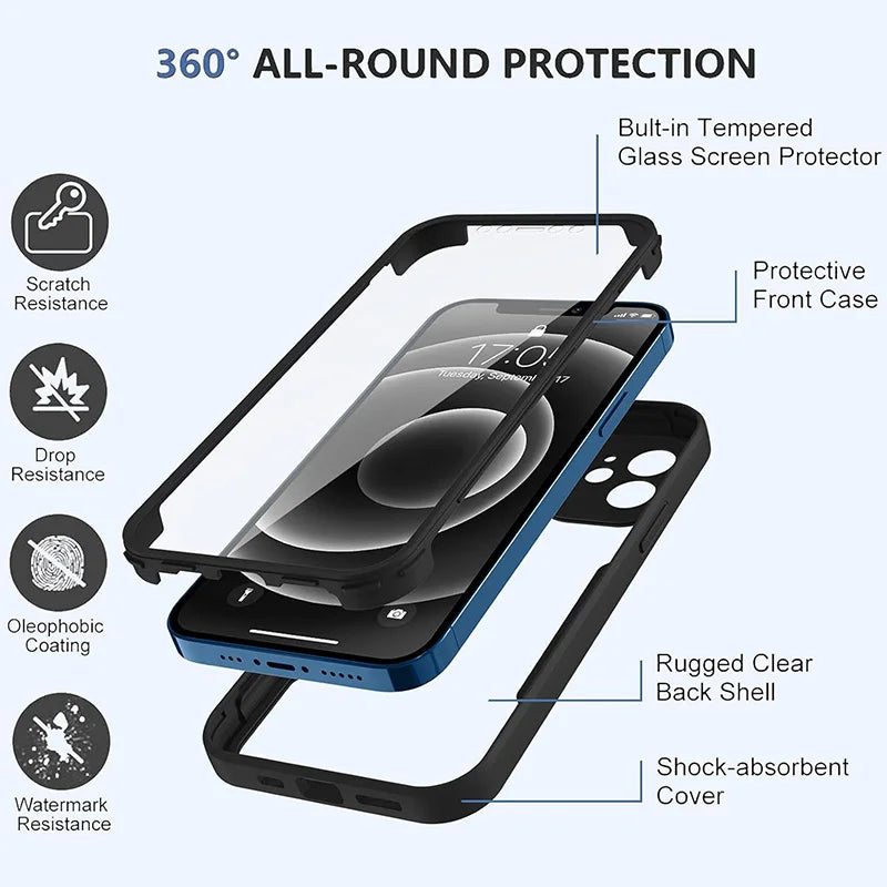 360 Full Body Protection Case For iPhone 15 14 13 12 11 Pro Max 7 8 Plus SE 2 Front Screen Shockproof Clear Cover Coque Fundas