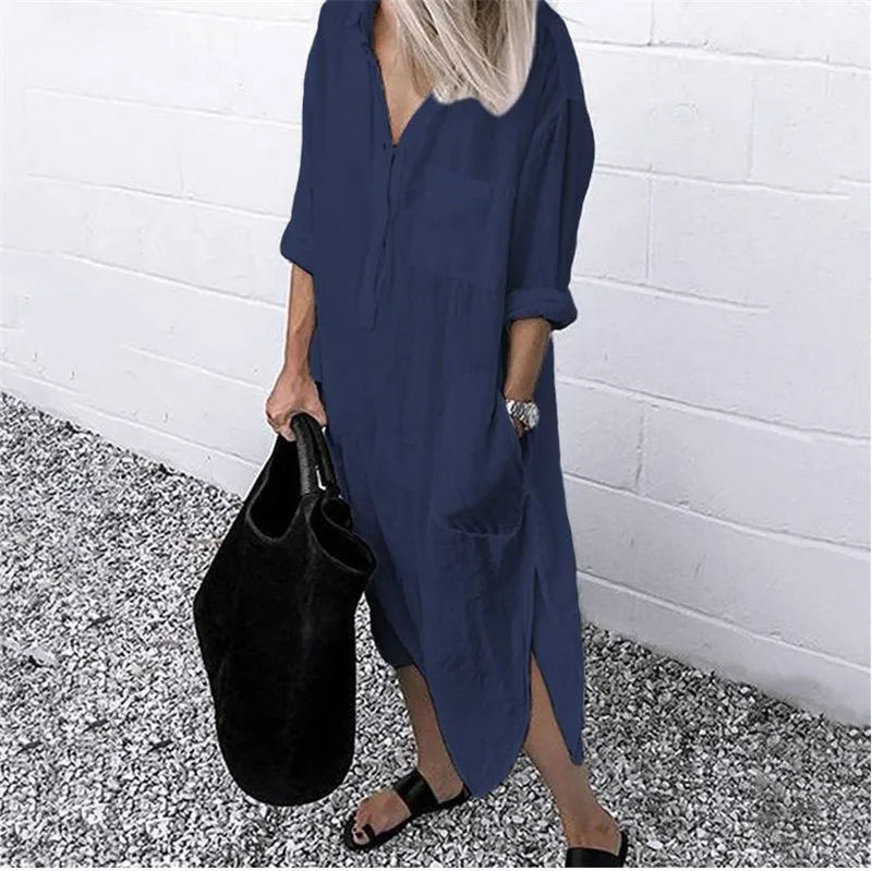 Cotton Linen Maxi Dress for Women 2023 Spring Summer Casual Long Sleeve Shirt Dress Oversized Female Clothing Y2K Vestido Robe