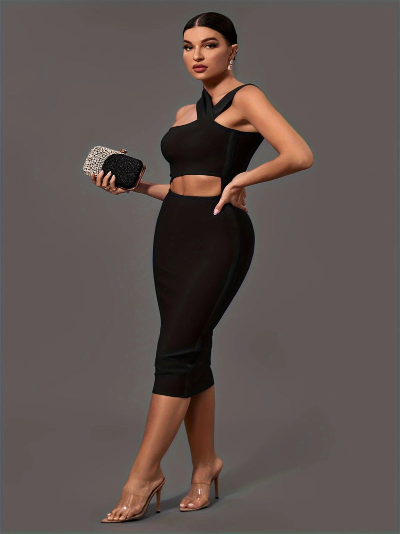 Black Bandage Dress  Women Midi Party Dress Bodycon Elegant  Halter Neck Sexy Cut Out Birthday Evening  Club Outfits Summer
