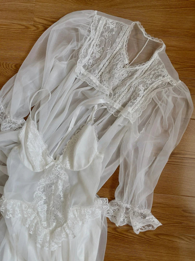 2022 Autumn White Fairy Vintage Sweet Dress Women Mesh Lace Sexy Casual Korean Dress Female Patchwork Designer Princess Dresses