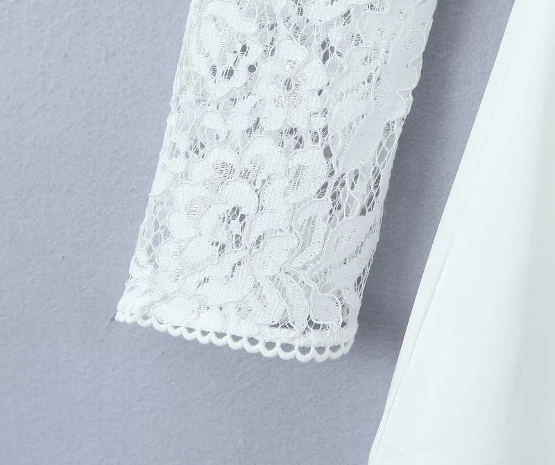 Sexy White Spliced Lace Wire Chest Corset Style Mini Dress Women Full Sleeve Cross Bandage Lacing up Back Bow Party Skater Robe