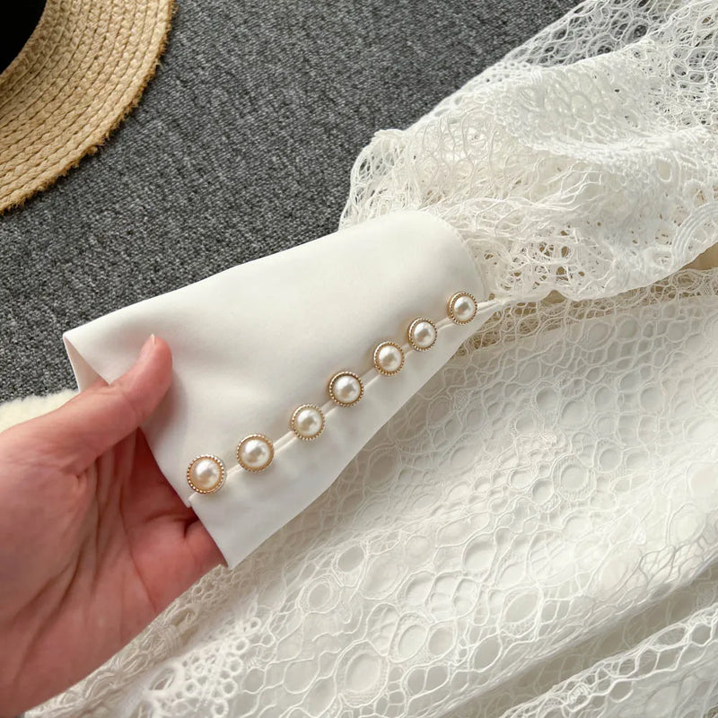 Vintage Flower Embroidery Hollow Out Lace White Dress Women's Stand Collar Long Lantern Sleeve Pearls Buttons Party Vestidos