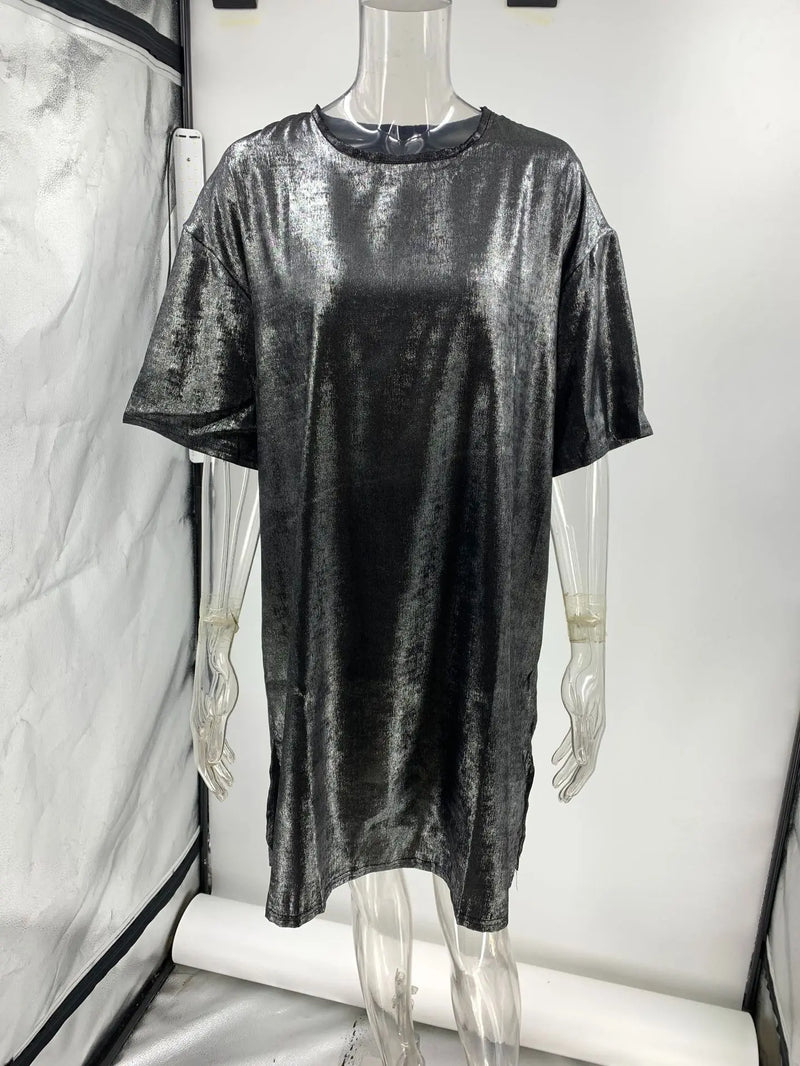 Fashion Sequins Sparkling Mini Dress Women 2023 Summer New Nightclub Net Red Loose Short Sleeve T-shirt Dresses