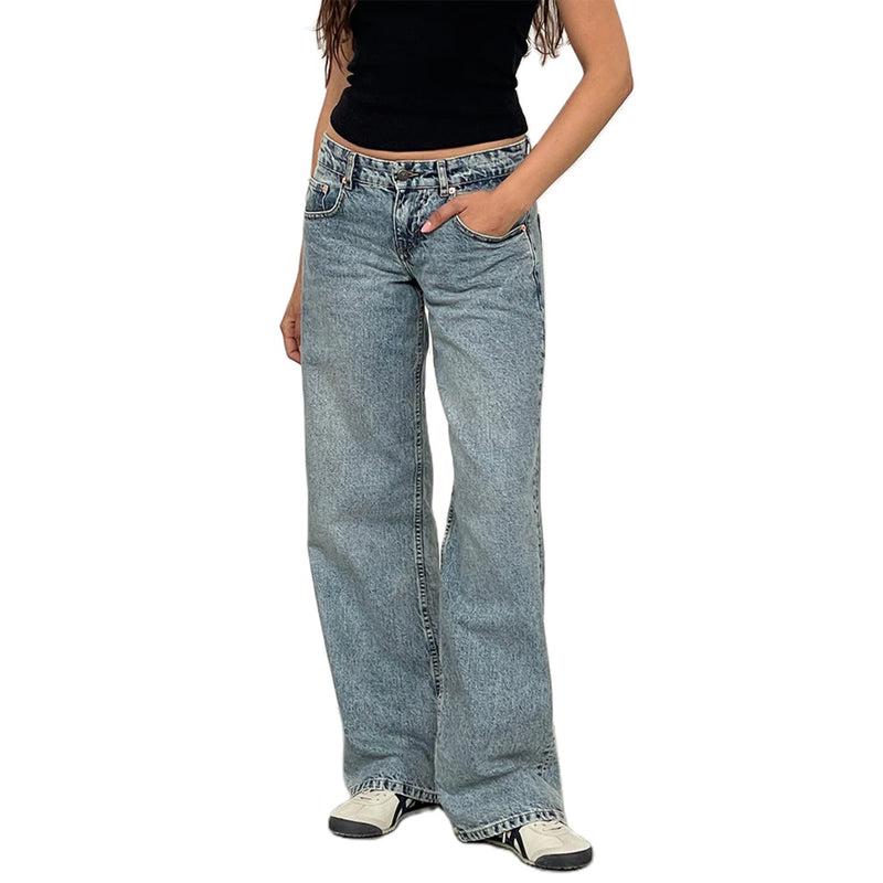 Women Casual Low Rise Jeans Fashion Loose Straight Leg Denim Pants with Pockets for Summer Spring