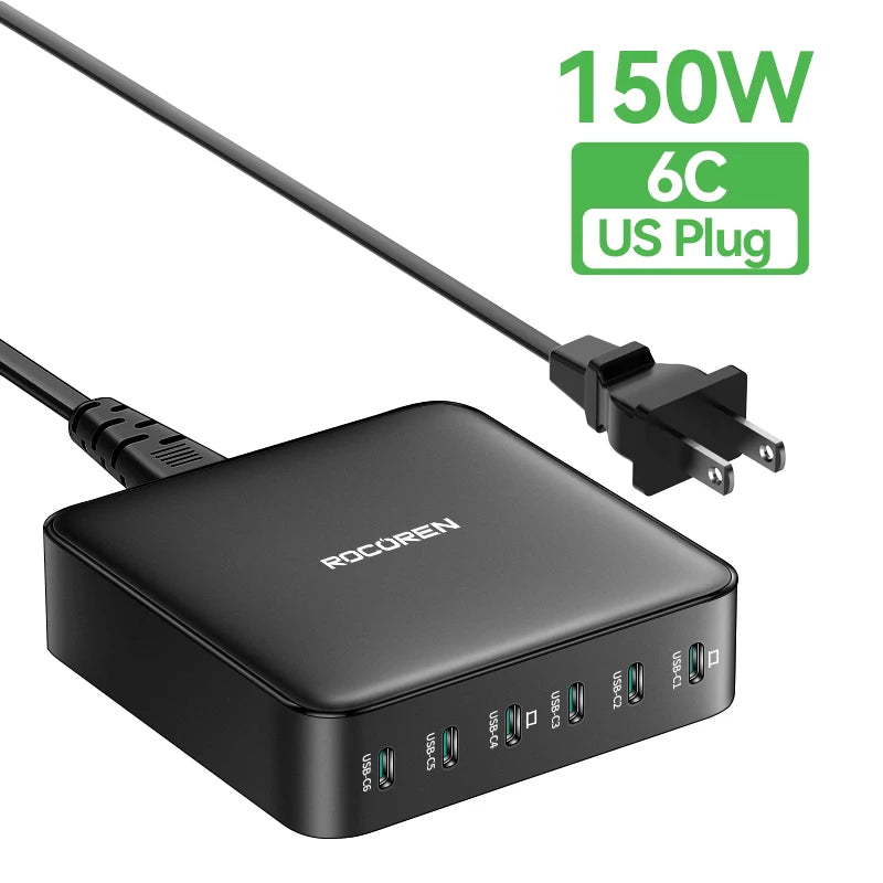 Rocoren 150W 6 in 1 Multi Port USB Type C High Speed Charger Fast Charging Dock Desktop Charger Power Station For iPhone Samsung