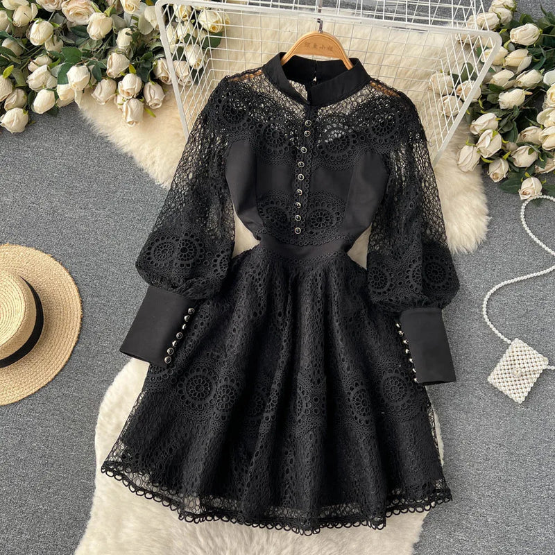 Vintage Flower Embroidery Hollow Out Lace White Dress Women's Stand Collar Long Lantern Sleeve Pearls Buttons Party Vestidos