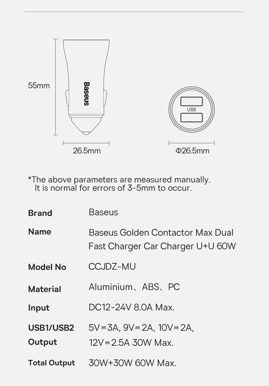 Baseus 60W USB Type C Car Charger Quick Charge QC 4.0 PD 3.0 Fast Charging Car Charger For iPhone 13 12 Pro Max Xiaomi Samsung