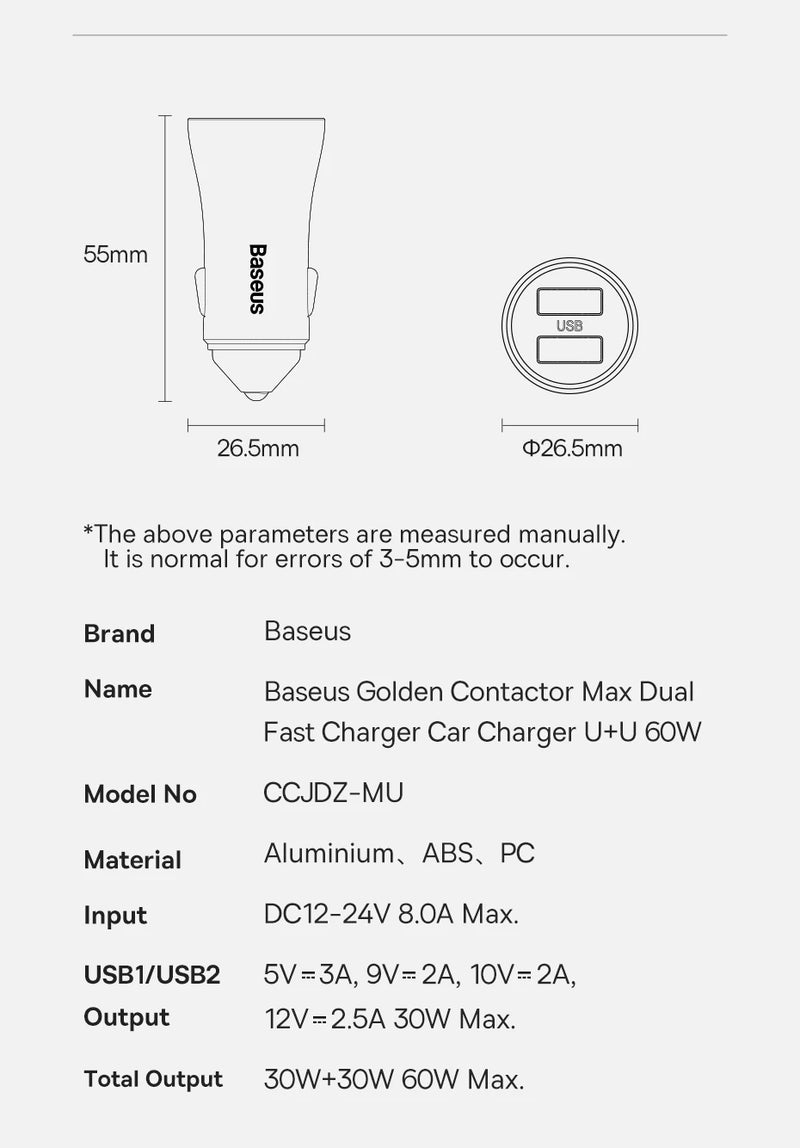 Baseus 60W USB Type C Car Charger Quick Charge QC 4.0 PD 3.0 Fast Charging Car Charger For iPhone 13 12 Pro Max Xiaomi Samsung