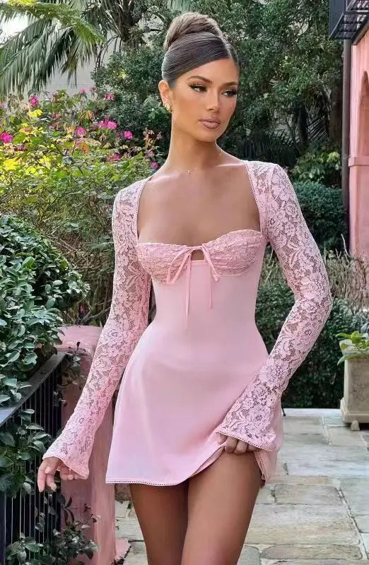 2024 European and American Fashion Women New Sexy Lace Lace Trimmed Slim Fit Backless French Long Sleeved Dress