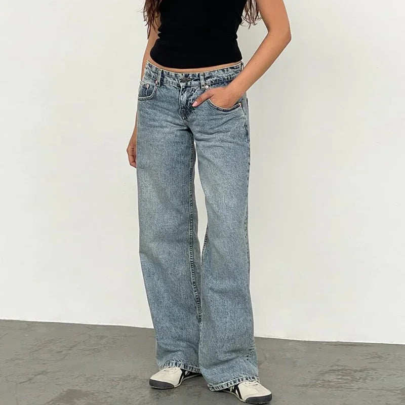 Women Y2K Wide Leg Denim Pants Baggy Low Waist Boyfriend Jeans Casual Vintage Loose Fit Jeans Trousers Cyber Grunge Streetwear