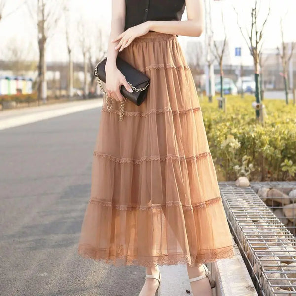Korean Fluffy Long Tutu Skirt Women Ladies Vintage Elastic High Waisted Tulle Ball Gown Skirts