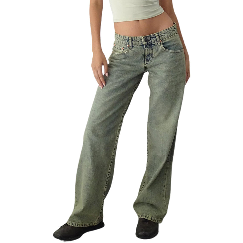 Women Casual Low Rise Jeans Fashion Loose Straight Leg Denim Pants with Pockets for Summer Spring