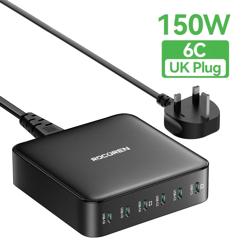 Rocoren 150W 6 in 1 Multi Port USB Type C High Speed Charger Fast Charging Dock Desktop Charger Power Station For iPhone Samsung