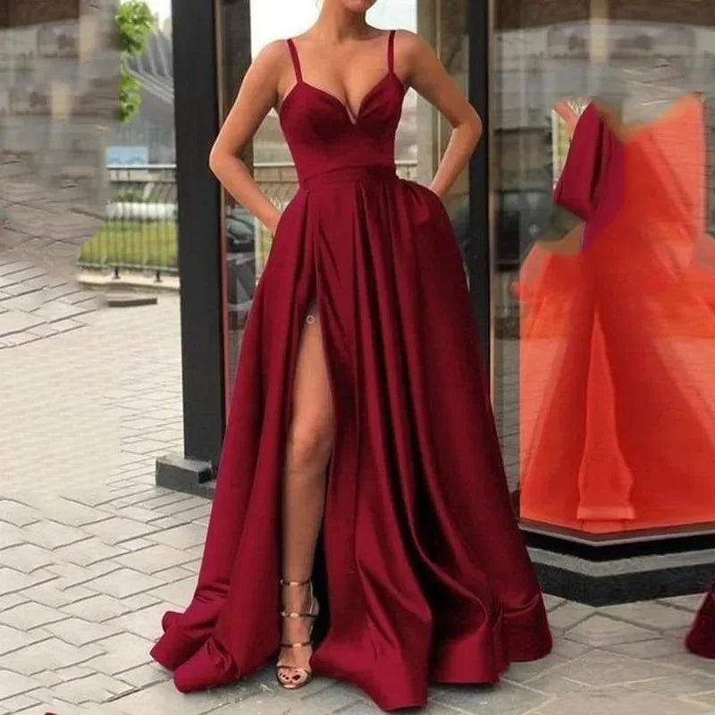 2025 Women's Evening Wedding Party Dress Solid Elegant Side Slit A-Line Satin Sleeveless Straps Banquet Maxi Long Dress Vestidos