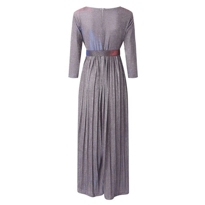 Elegant Party Dresses For Women Low Cut Sequined Gown Dress With Belt Nine Point Sleeve Ruffle Hem Flowy Long Dress Plus Size