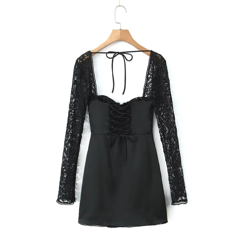 Sexy White Spliced Lace Wire Chest Corset Style Mini Dress Women Full Sleeve Cross Bandage Lacing up Back Bow Party Skater Robe