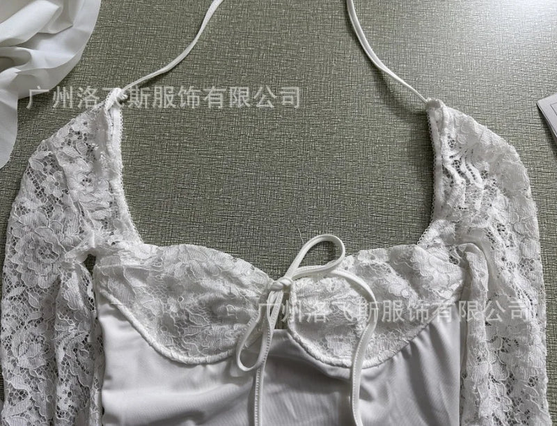 2024 European and American Fashion Women New Sexy Lace Lace Trimmed Slim Fit Backless French Long Sleeved Dress