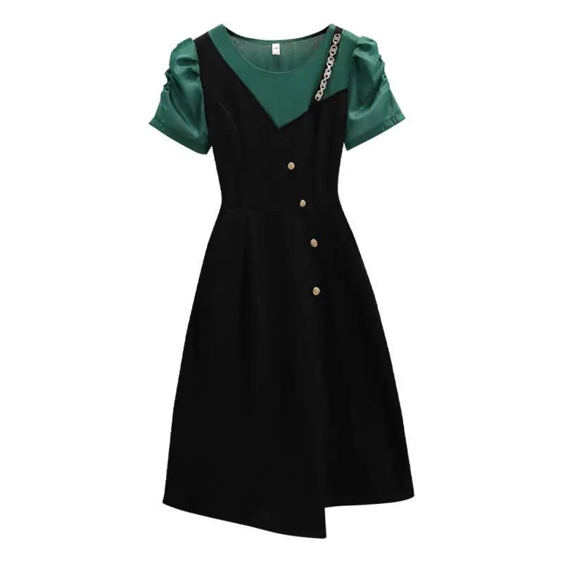 Korean Elegant Summer Dress 2025 New All-match Midi Skirt Women's Fashion Chic Irregular Slim T-Shirt Fake Two Piece Dresses