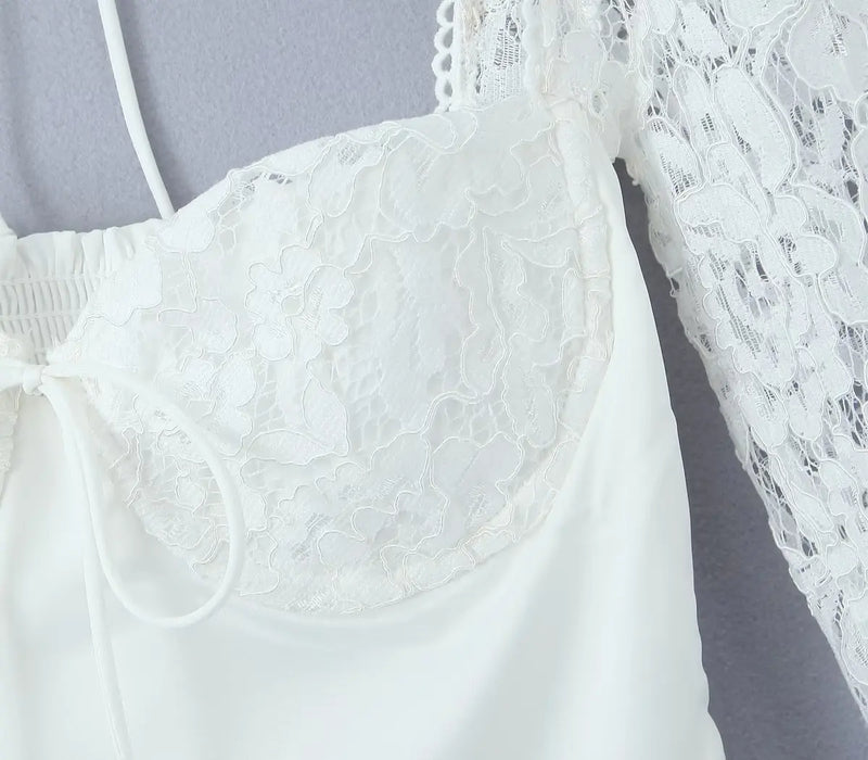 Sexy White Spliced Lace Wire Chest Corset Style Mini Dress Women Full Sleeve Cross Bandage Lacing up Back Bow Party Skater Robe