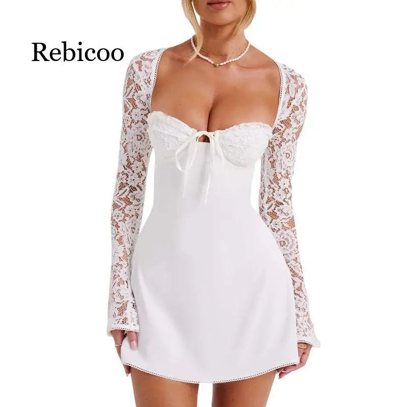 2024 European and American Fashion Women New Sexy Lace Lace Trimmed Slim Fit Backless French Long Sleeved Dress