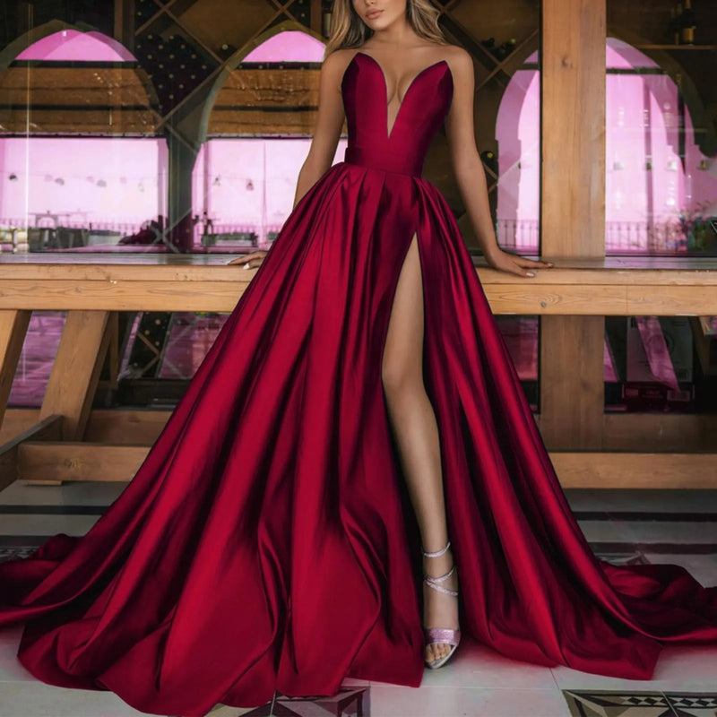 Women'S Shoulderless Dresses Satin Prom Dresses Elegant Temperament Long Evening Gown Floor-Length Dresses Vestidos