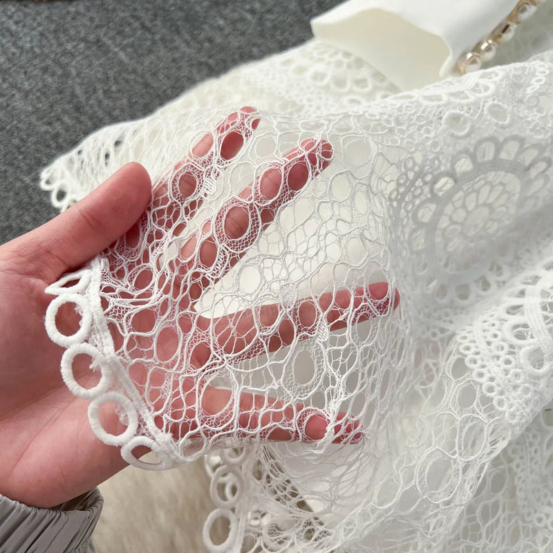 Vintage Flower Embroidery Hollow Out Lace White Dress Women's Stand Collar Long Lantern Sleeve Pearls Buttons Party Vestidos