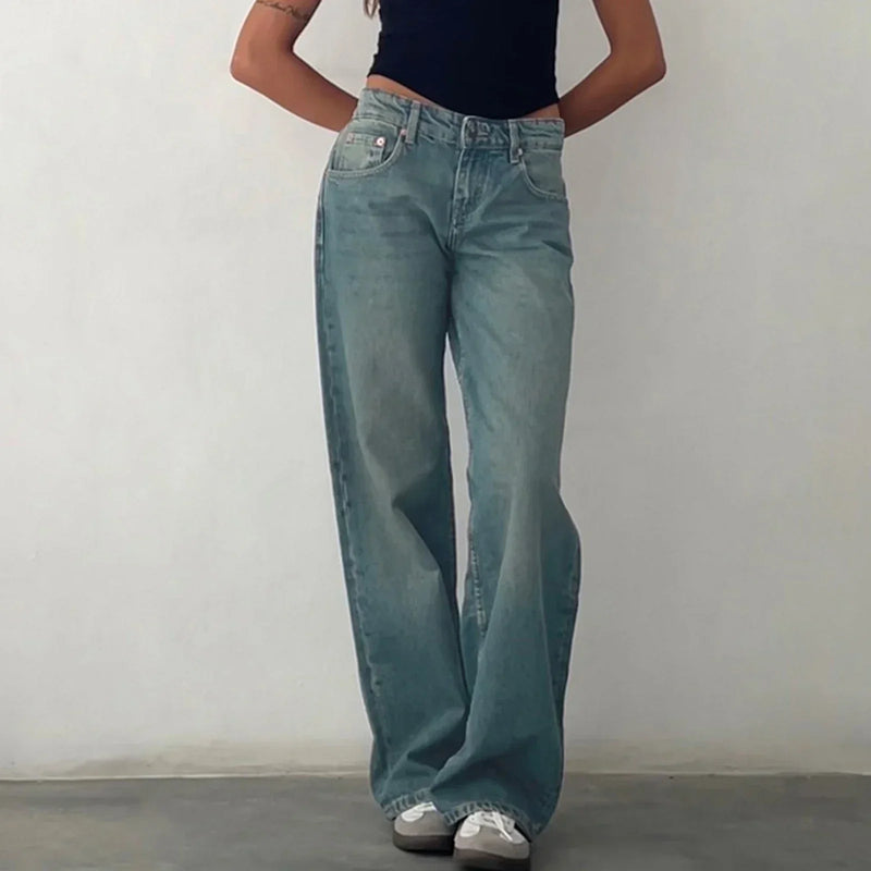 Women Casual Low Rise Jeans Fashion Loose Straight Leg Denim Pants with Pockets for Summer Spring