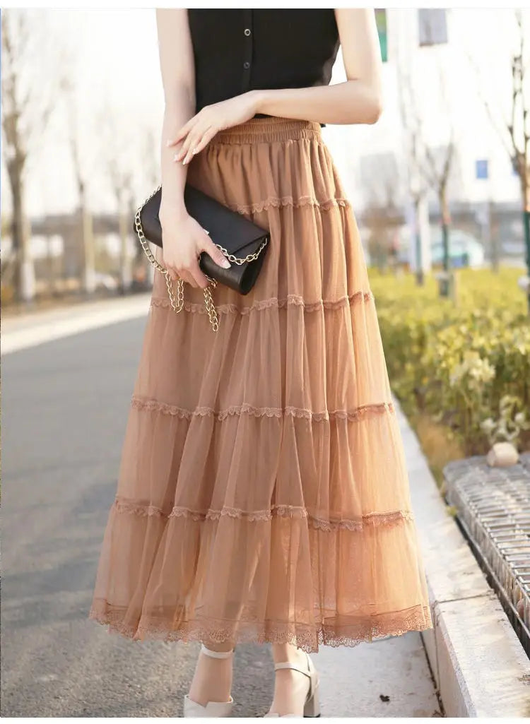 Korean Fluffy Long Tutu Skirt Women Ladies Vintage Elastic High Waisted Tulle Ball Gown Skirts