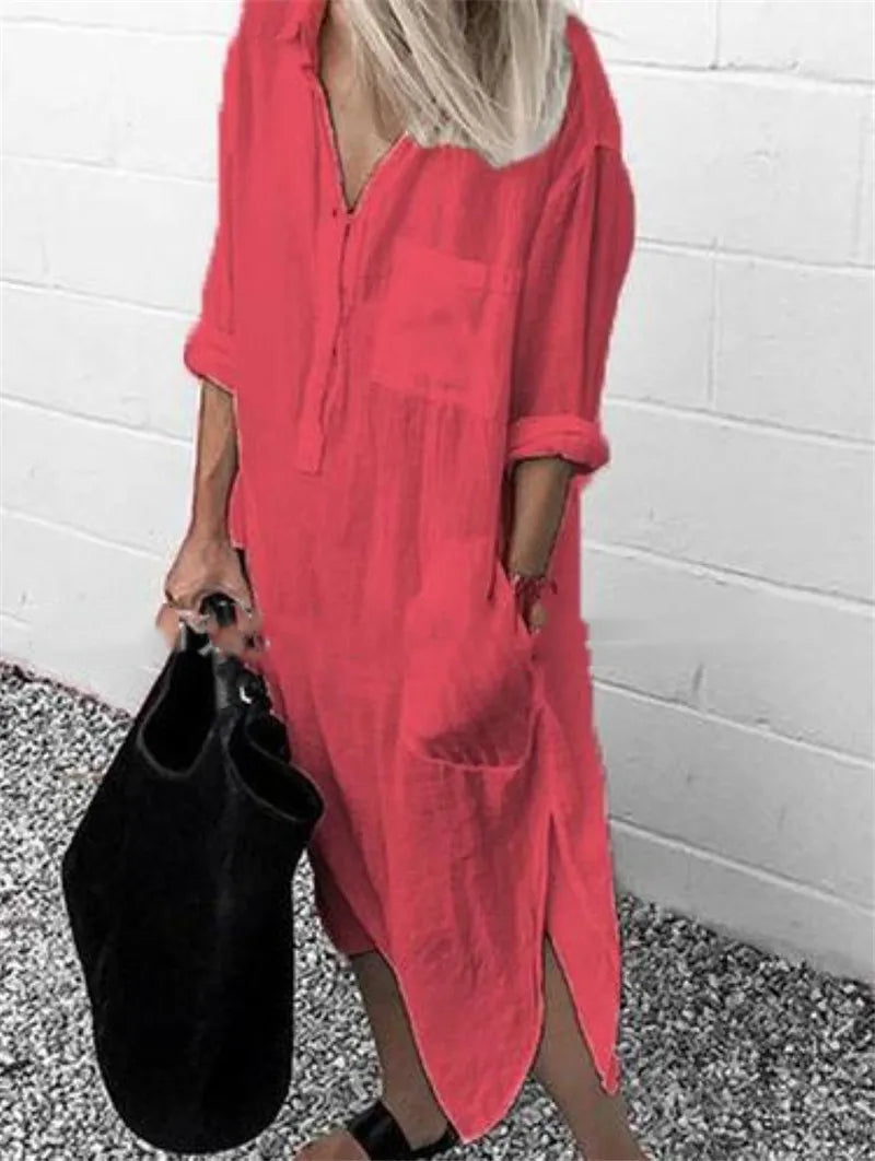 Cotton Linen Maxi Dress for Women 2023 Spring Summer Casual Long Sleeve Shirt Dress Oversized Female Clothing Y2K Vestido Robe