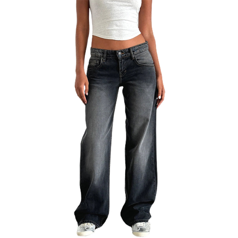 Women Casual Low Rise Jeans Fashion Loose Straight Leg Denim Pants with Pockets for Summer Spring