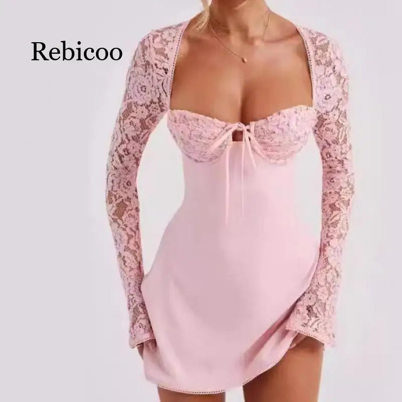 2024 European and American Fashion Women New Sexy Lace Lace Trimmed Slim Fit Backless French Long Sleeved Dress