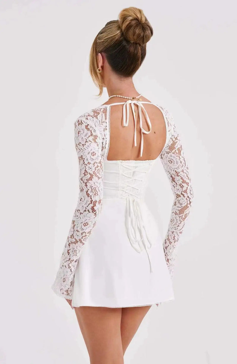 2024 European and American Fashion Women New Sexy Lace Lace Trimmed Slim Fit Backless French Long Sleeved Dress