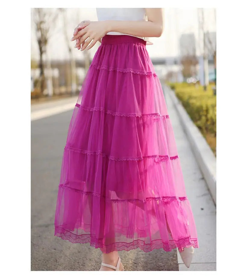Korean Fluffy Long Tutu Skirt Women Ladies Vintage Elastic High Waisted Tulle Ball Gown Skirts
