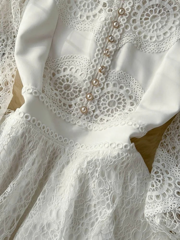 Vintage Flower Embroidery Hollow Out Lace White Dress Women's Stand Collar Long Lantern Sleeve Pearls Buttons Party Vestidos